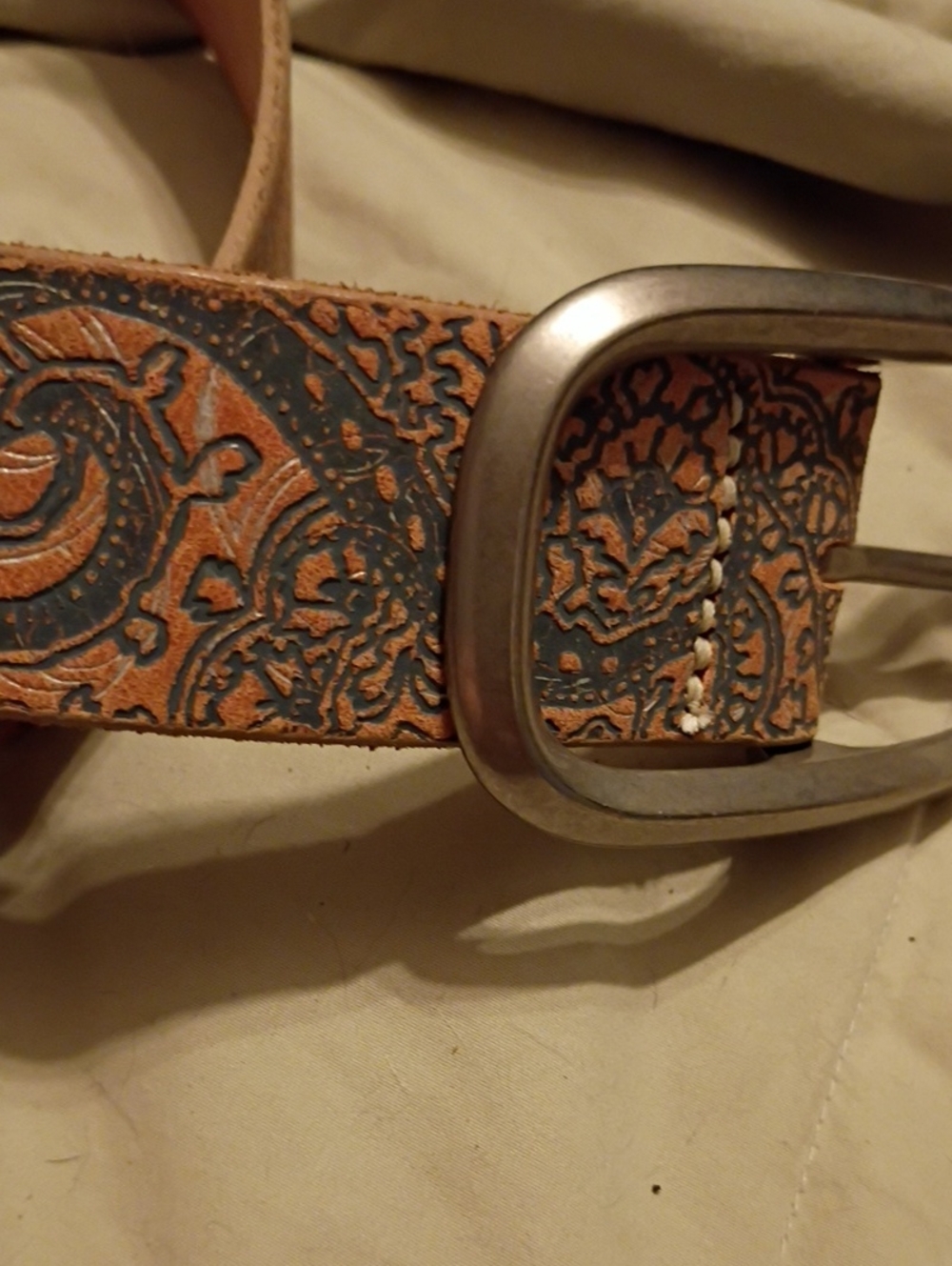 Embossed Leather Women's Belt - Tan/Blue. Cowgirl Style